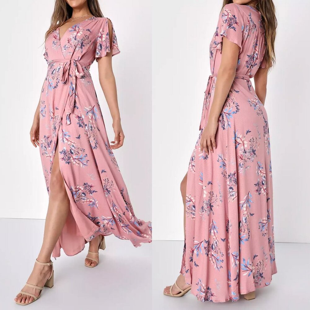 Lulus Fiorire Rose Floral Print Faux Wrap Maxi Dress